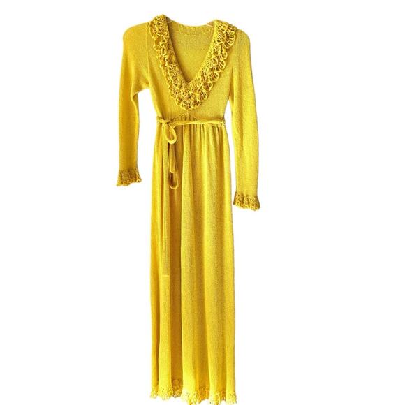 Saks Fifth Avenue Vintage Yellow Knit Crochet Disco 70s Maxi Dress Belted Small - Picture 1 of 8
